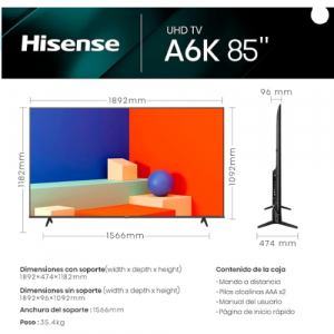 Hisense TV- UHD 4K Smart TV de 85 Pulgadas Televisor, Dolby Vision, Modo Juego Plus, DTS Virtual X.